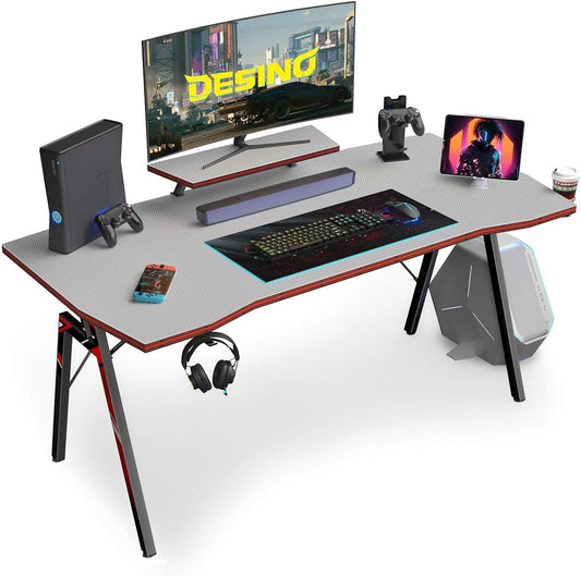 DESINO Gaming Desk 55 inch PC Computer Desk, Home Office Desk Table Gamer Workstation with Cup Holder and Headphone Hook, White