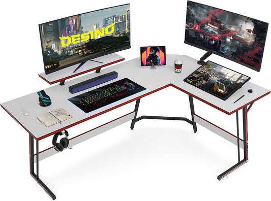 DESINO L Shaped Gaming Desk 59 inch Computer Coner Desk PC Wirting Table Gamer Workstation for Home Office, White